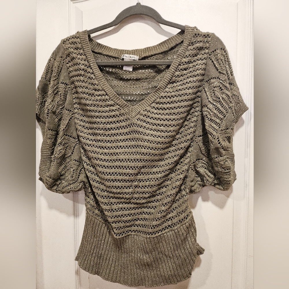 Bill Blass V-Neck Olive Green  Gold Speckled Sweater Size Medium